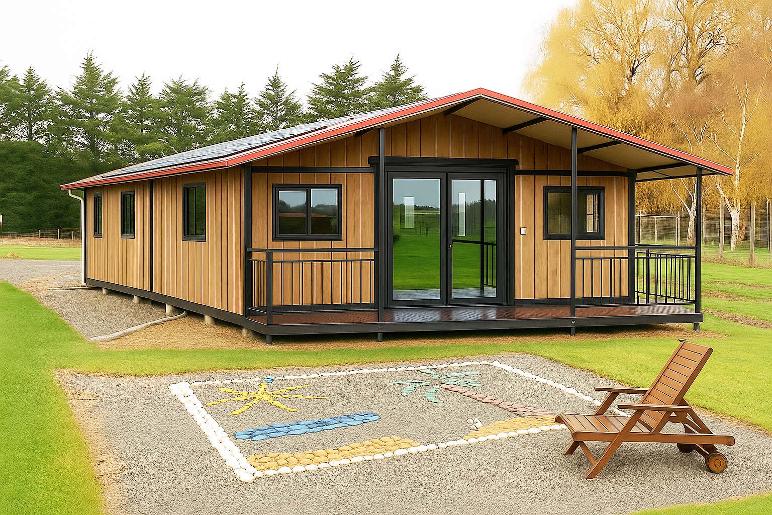 A modern portable home with a gable roof, solar panels, front deck and landscaped outdoor area, photographed on a rural New Zealand property.