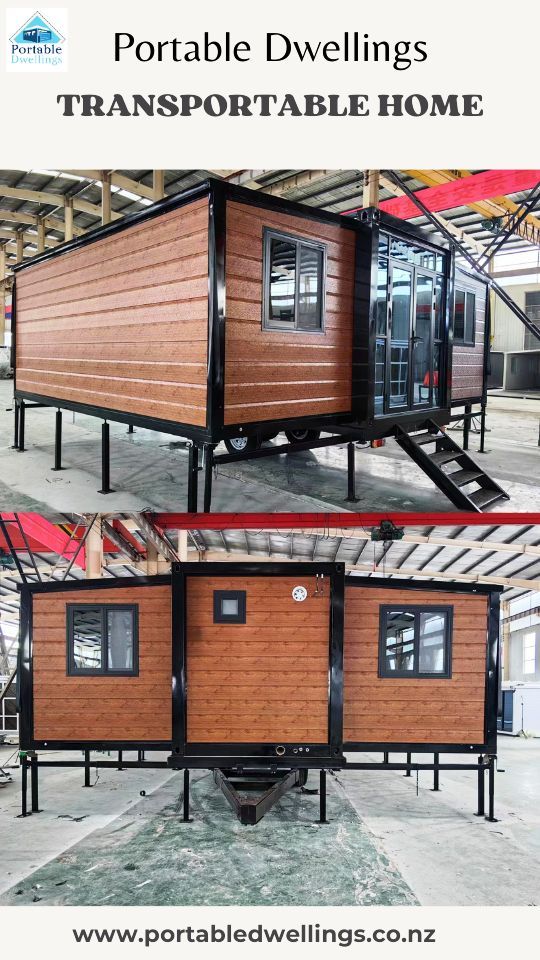 Transportable home by Portable Dwellings featuring wooden cladding and black metal accents, displayed on a manufacturing site in New Zealand