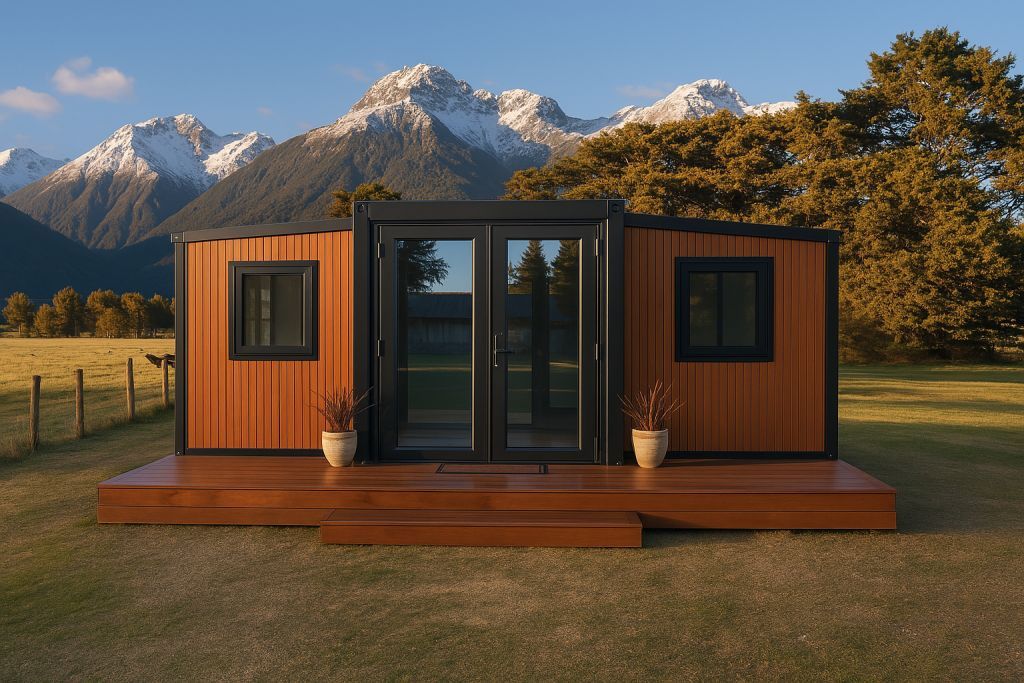 Modern expandable container home with wooden cladding, front deck, and mountain backdrop.