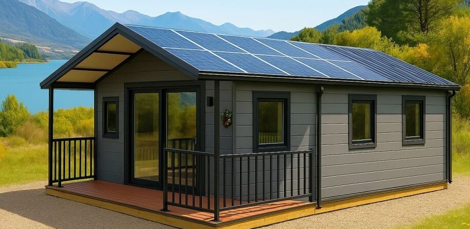 Grey tiny home NZ with gable roof covered in solar panels, timber deck and lake-side setting