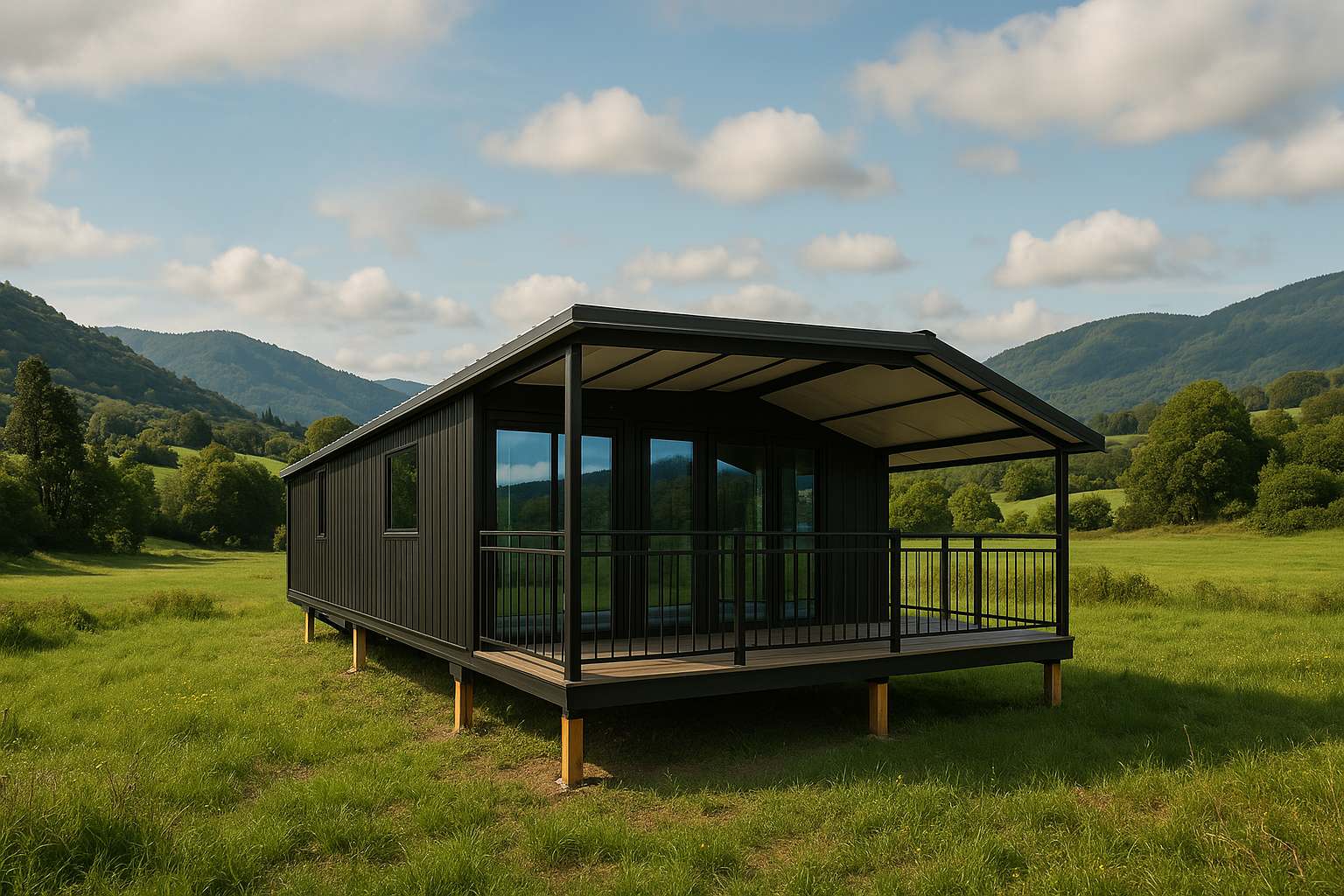 Black 20ft expandable house with covered front deck, set in a lush green landscape with mountains and blue sky.