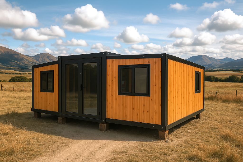 Modern tiny home unit in rural New Zealand, set against a scenic mountain landscape