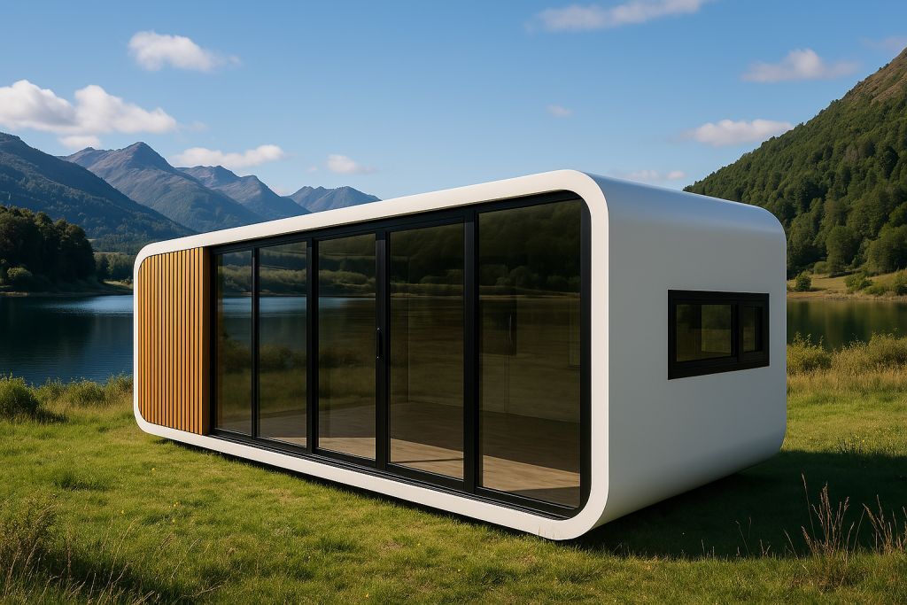 Modern modular cabin for sale NZ with large glass doors set in a serene lakeside landscape surrounded by mountains.