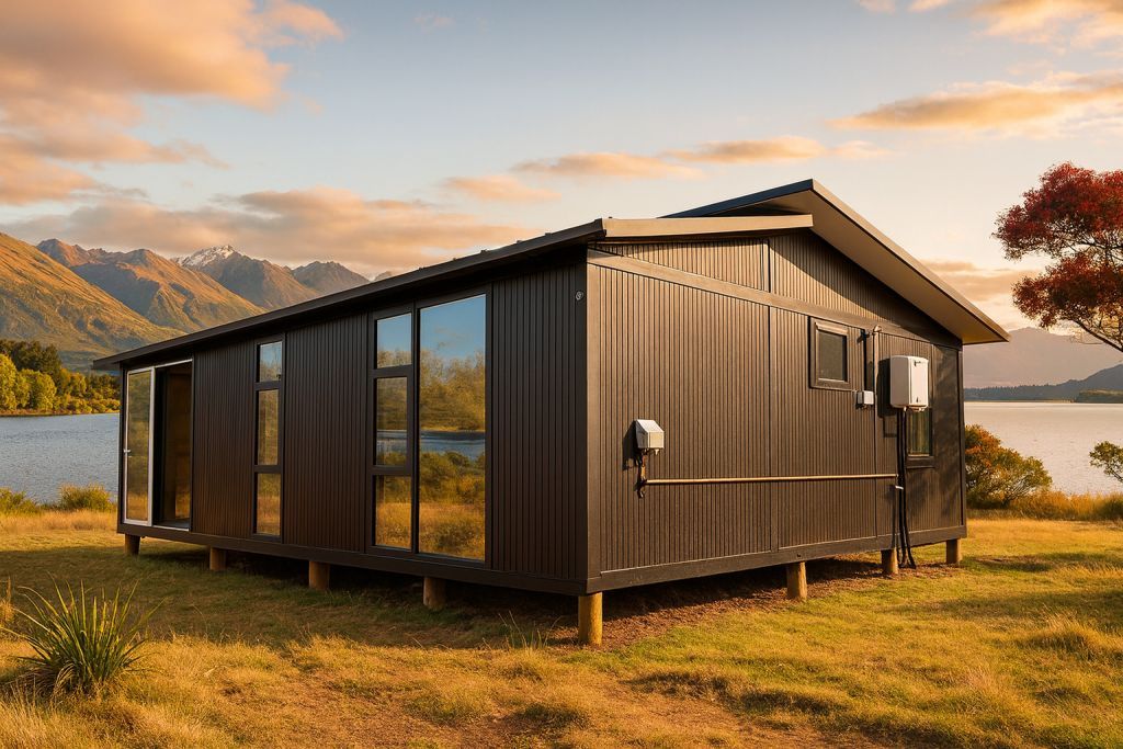 Tiny homes NZ prices – modern black tiny home beside a lake (Portable Dwellings)