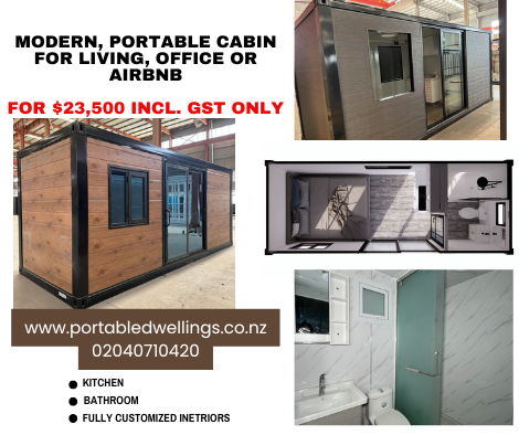 modern portable cabin for sale NZ – 13 m² cedar-look exterior, kitchenette, bathroom, custom interiors