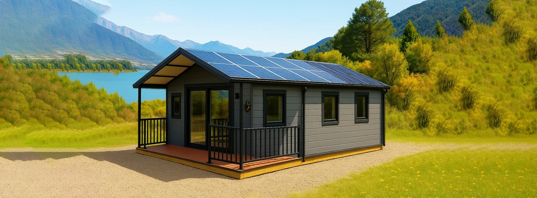 20ft expandable house with solar panels, terrace, and lake-view location.