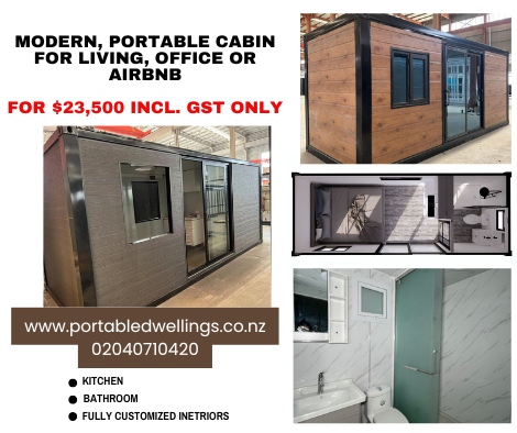 Collage of 13 m² portable cabin exterior, floor-plan and bathroom, priced at $23 500 GST-inclusive