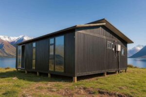 Black modern container home in New Zealand built by Portable Dwellings