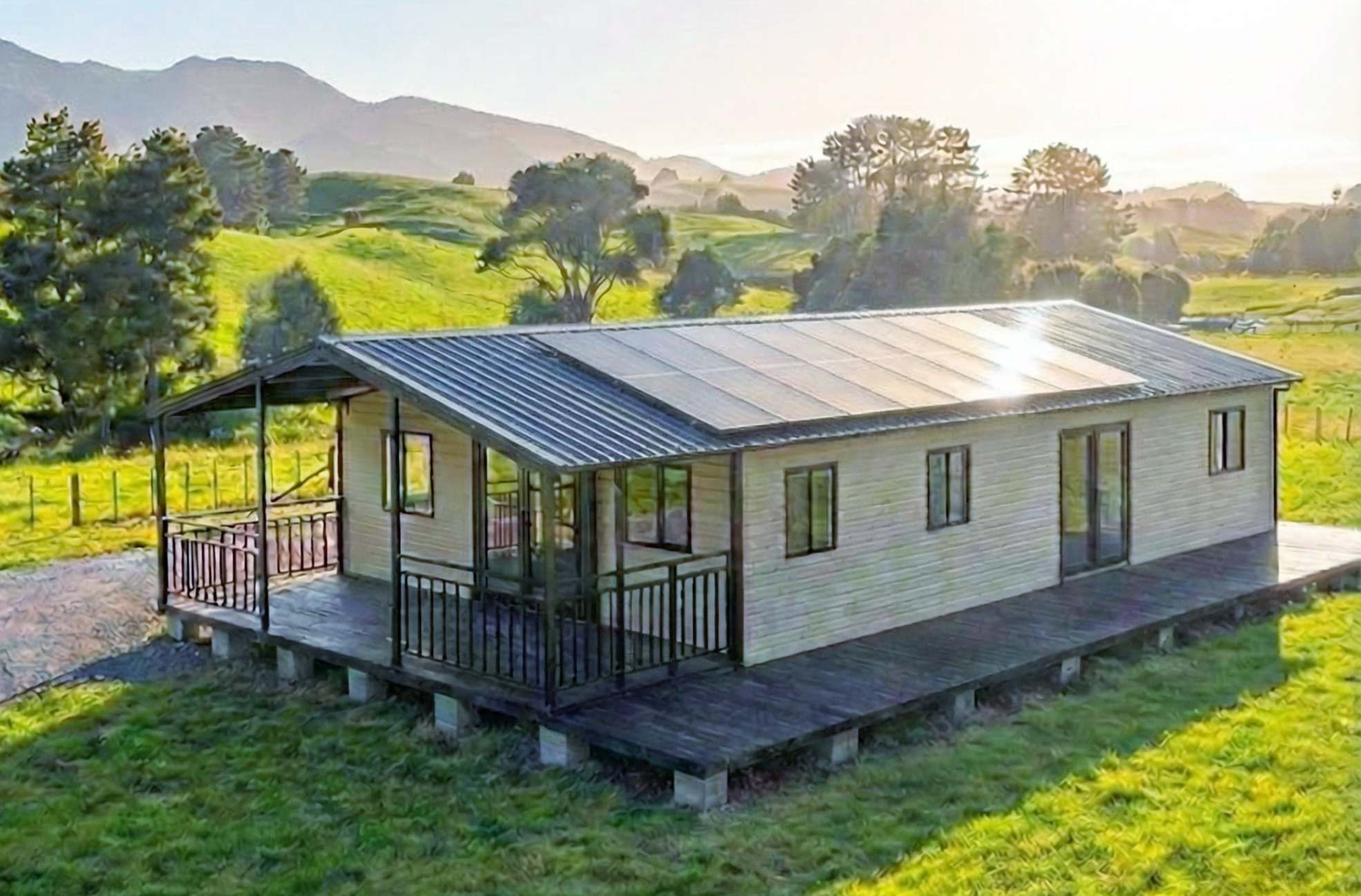 Off-grid 40ft portable home with rooftop solar panels