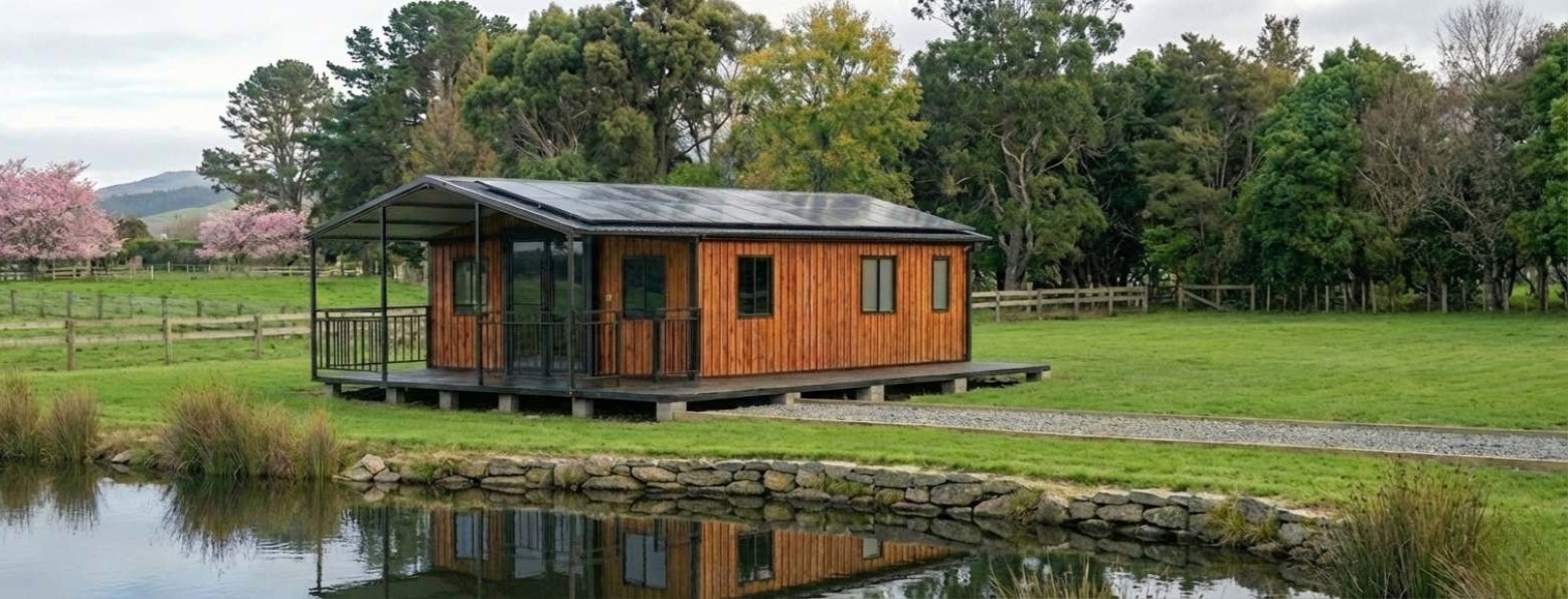 Timber-clad portable home with a covered veranda and deck on a rural lifestyle block beside a pond in Canterbury, New Zealand