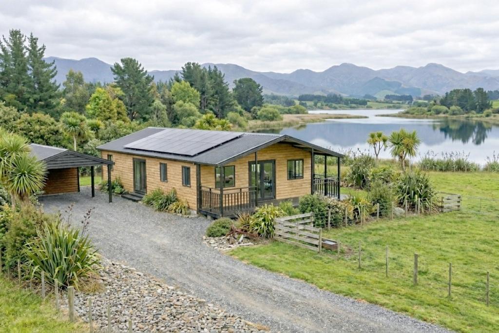 Solar-powered expandable home beside a lake in New Zealand with mountains in the background